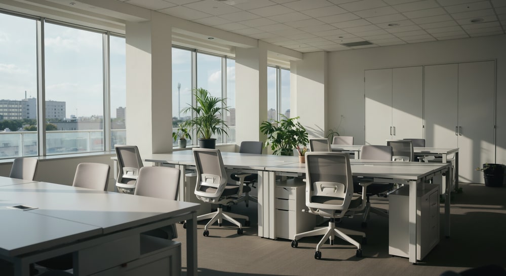 Pristine modern office workspace with spotless desks, ergonomic chairs, and crystal-clear large windows overlooking Reno – professionally maintained by Tropical Breeze business cleaning services