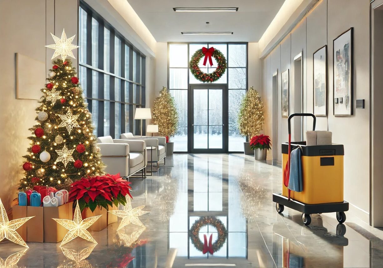 A professional and inviting commercial space decorated for the holiday season. The scene includes clean, polished floors, festive but minimal holiday