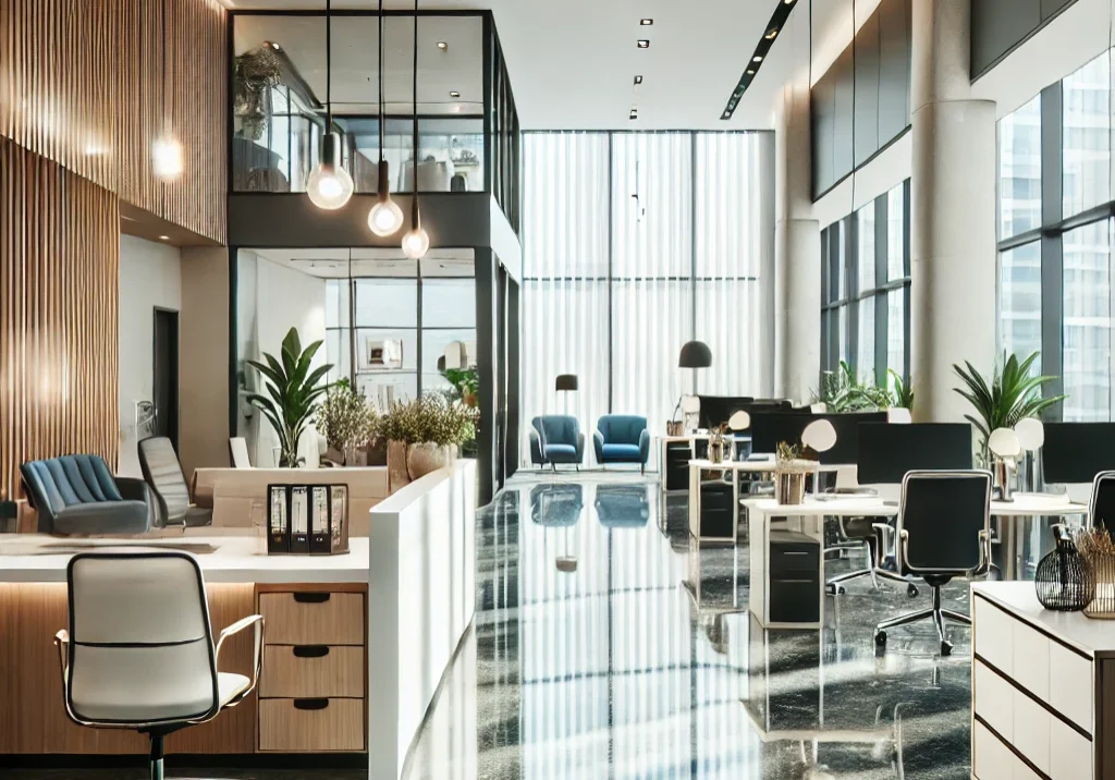Commercial cleaning services Reno - A professional and clean commercial office space featuring polished floors, ergonomic desks, and modern decor.