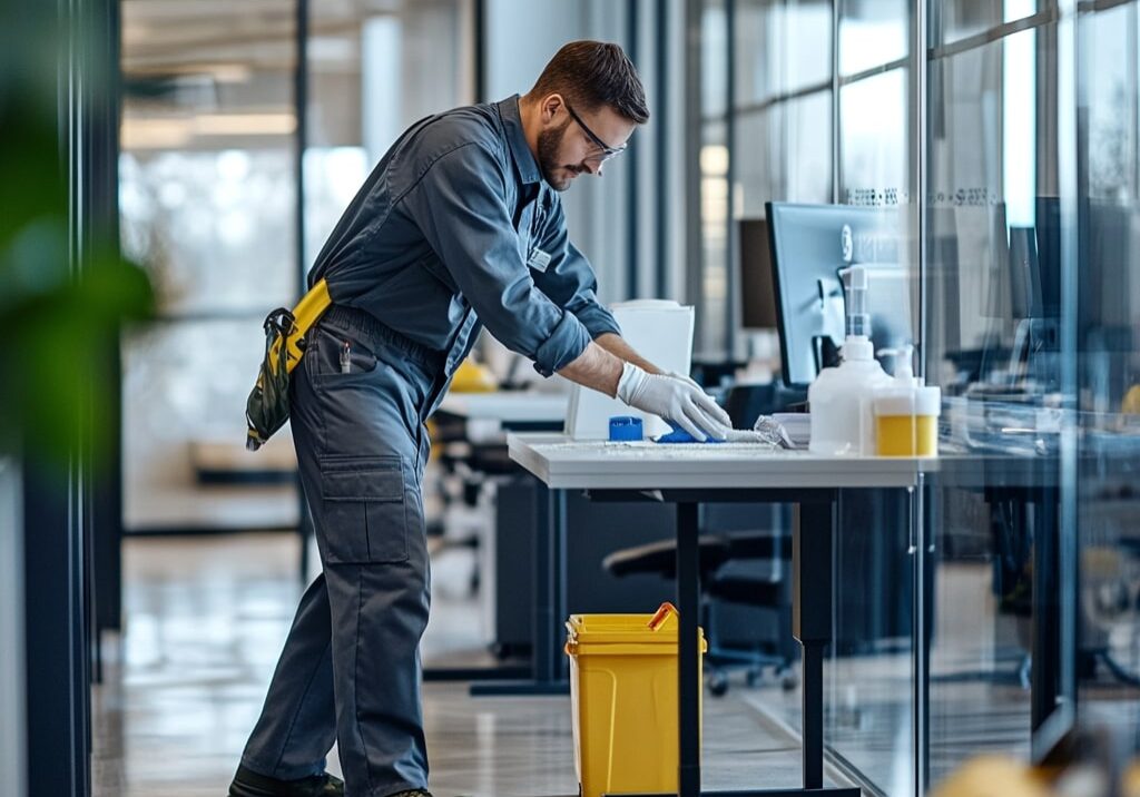 A professional janitor cleaning a modern office in Reno, Nevada, wiping down a desk in a bright and organized workspace with cleaning supplies nearby.